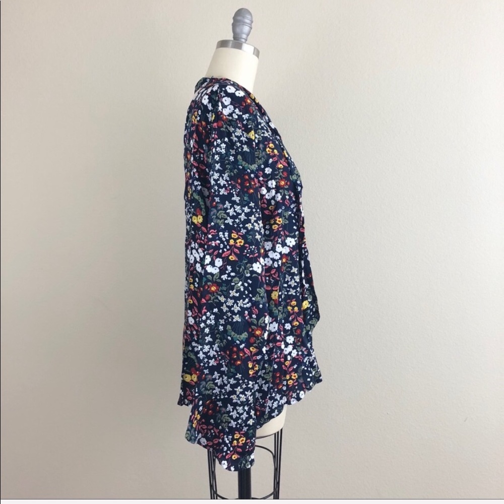 Navy Floral Tie Neck Long Ruffle Sleeve Blouse - Picture 5 of 6